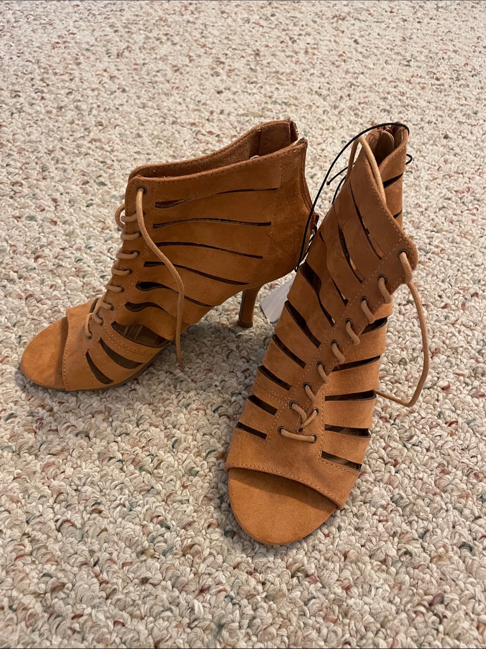 Charming Charlie Tan Suede Lace-Up Cutout Heeled Sandals